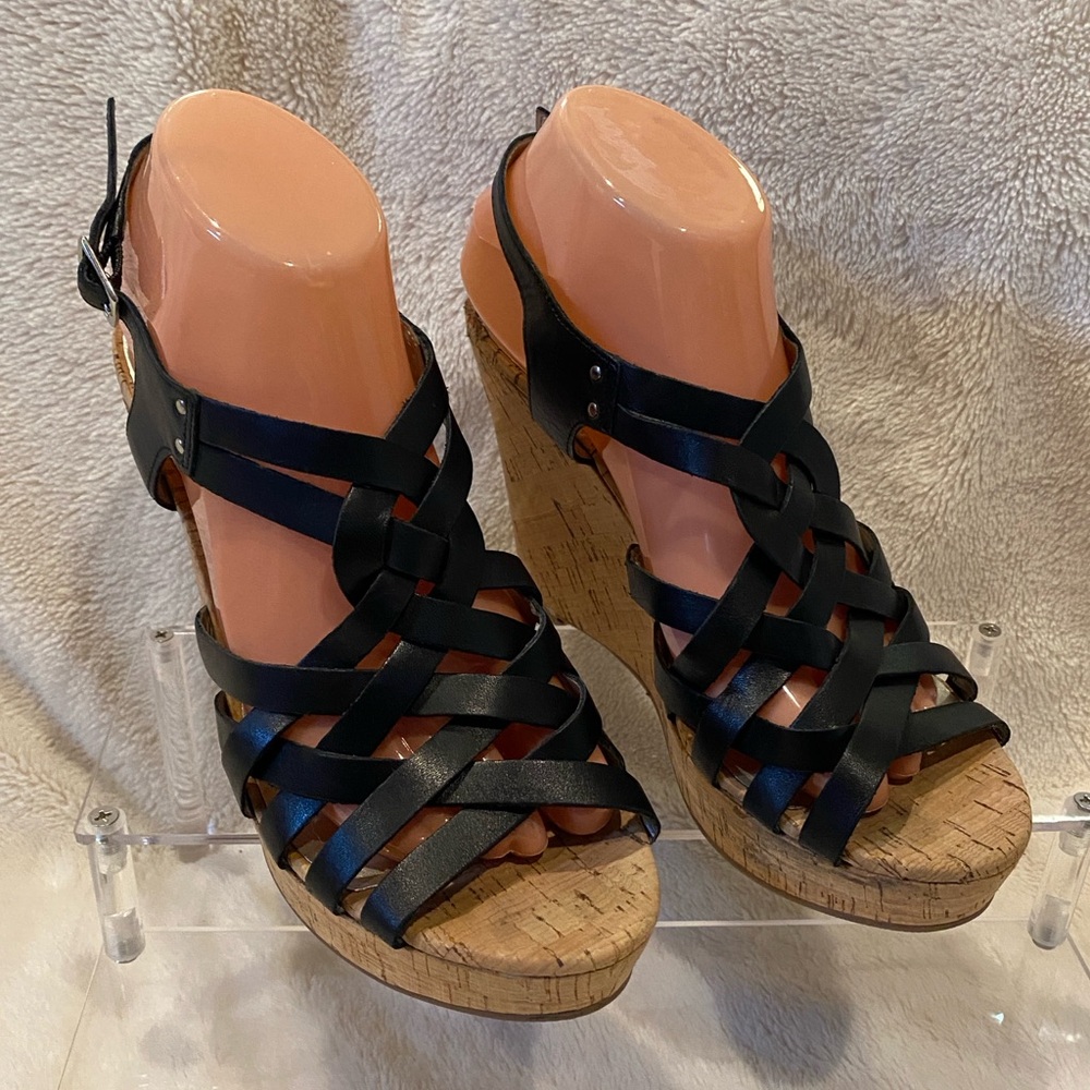 Guess WGeppie Black Strappy Leather Cork Wedge Slingback Sandals Size 9 VGC - Picture 9 of 16